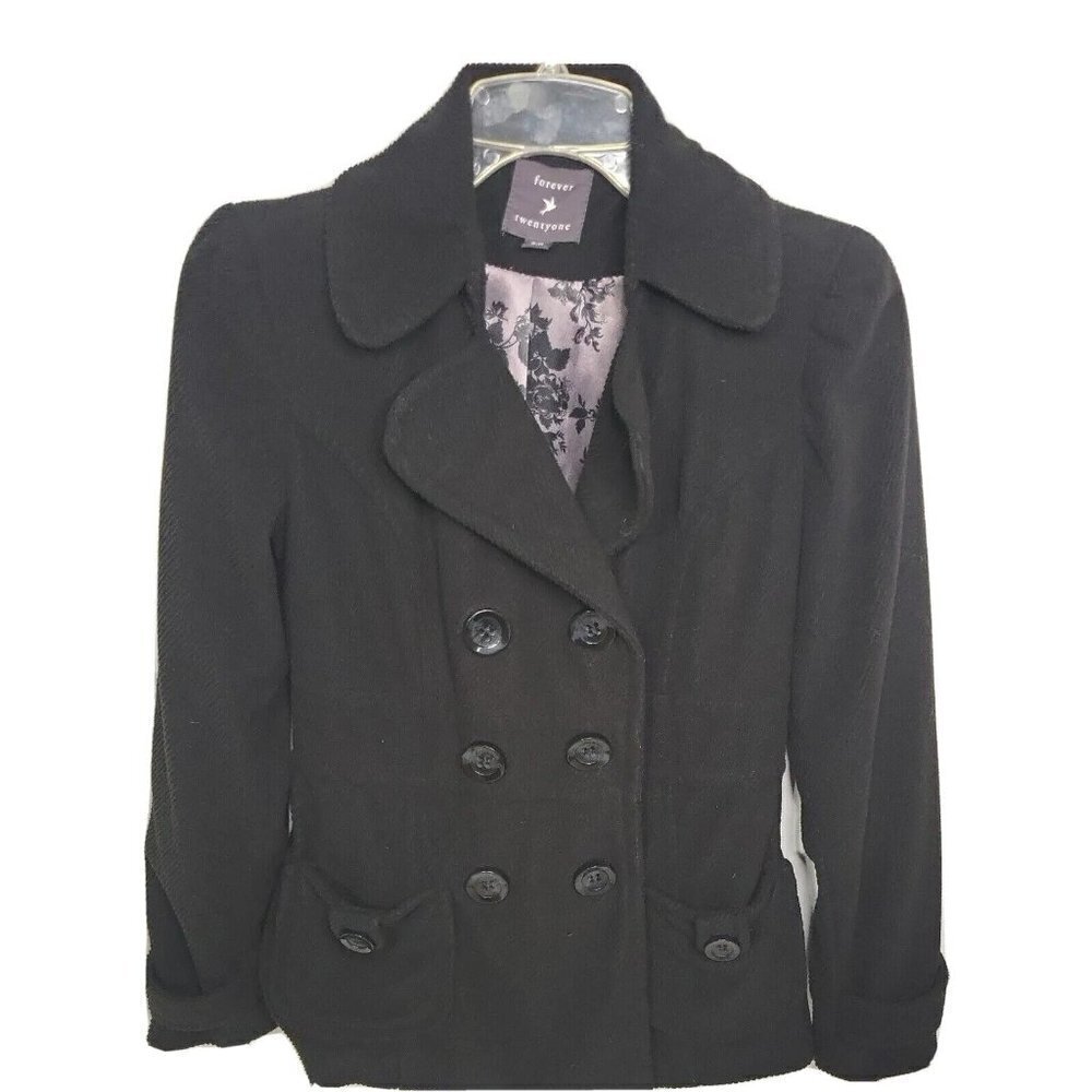 Forever 21 Black Peacoat Women's Collared Double-Breasted‎ Jacket Comfort Casual